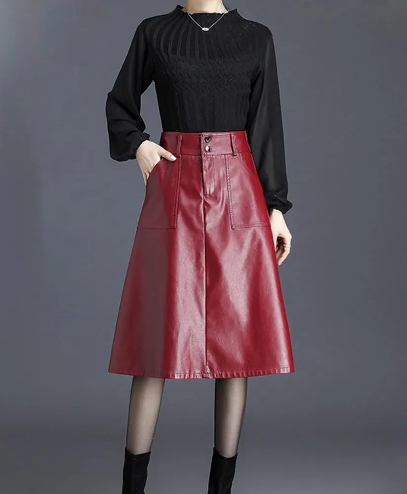 chouyatou Women's Casual High Waist Pu Leather Skirts A-Line Faux Leather Midi Long Skirt with Pockets