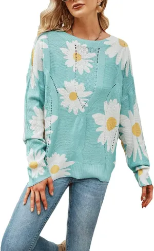 chouyatou Women's Crewneck Long Sleeve Floral Printed Knitted Sweater Pullover Tops