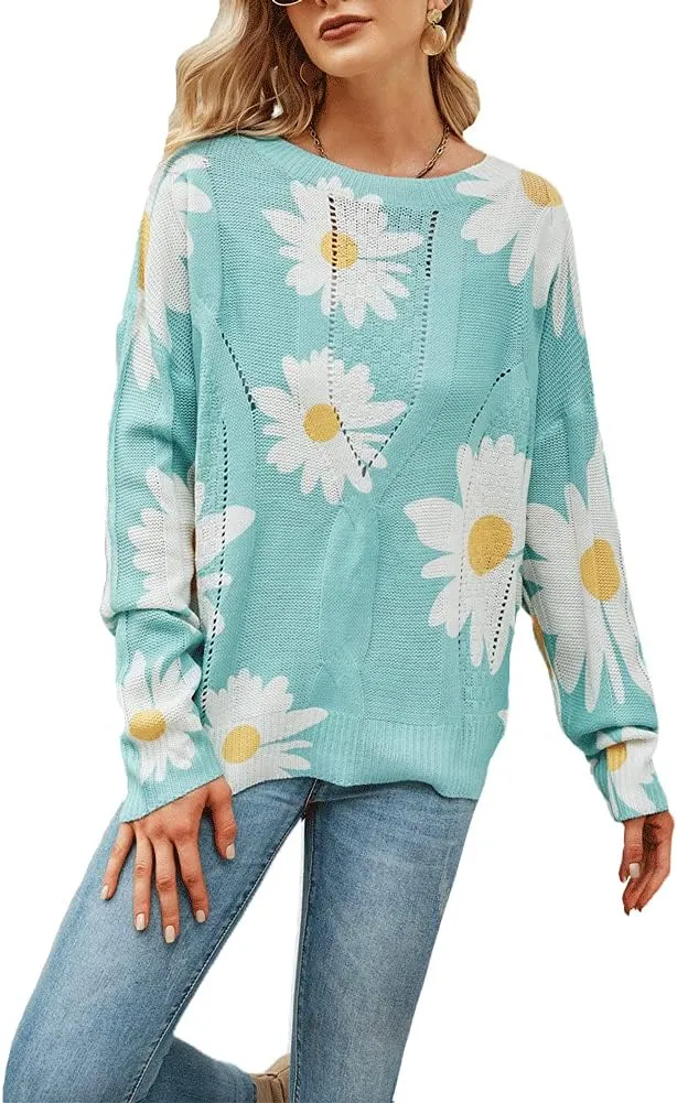 chouyatou Women's Crewneck Long Sleeve Floral Printed Knitted Sweater Pullover Tops