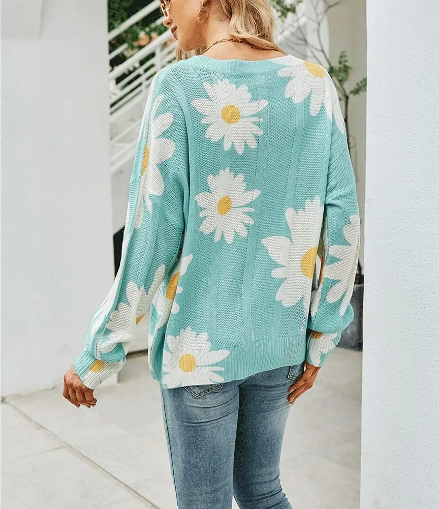 chouyatou Women's Crewneck Long Sleeve Floral Printed Knitted Sweater Pullover Tops