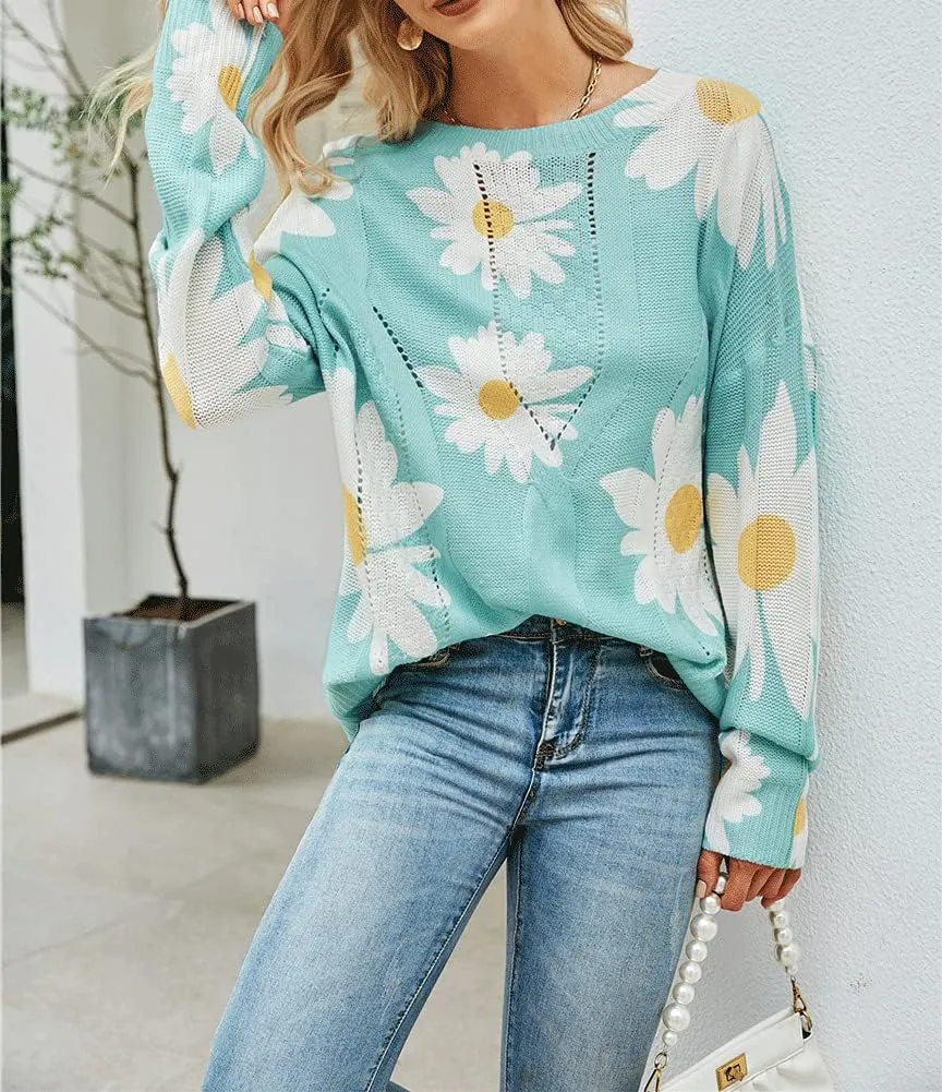 chouyatou Women's Crewneck Long Sleeve Floral Printed Knitted Sweater Pullover Tops