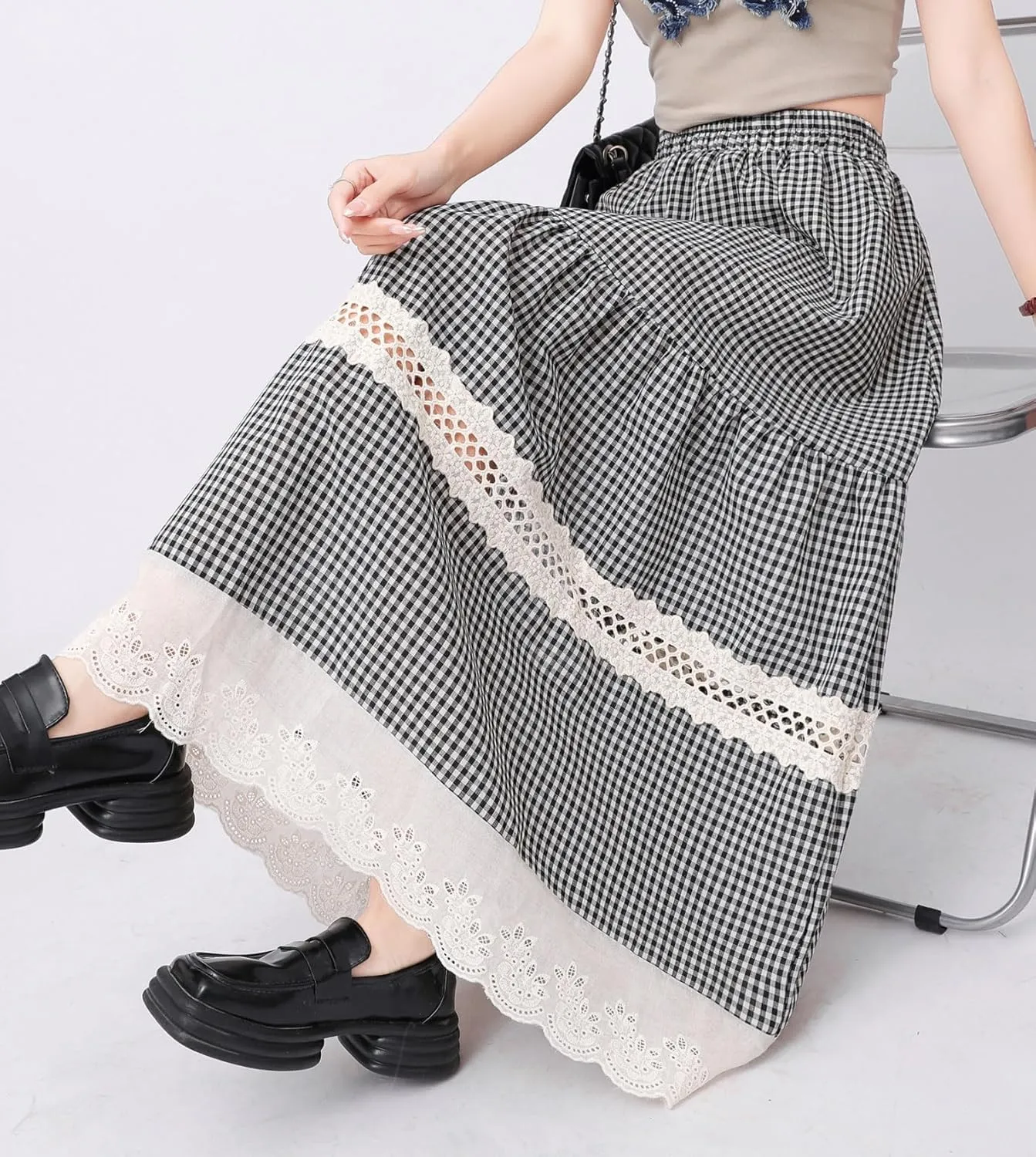 chouyatou Women's Hollow Out Eyelet Plaid Skirt Elastic Waist Ruffle Hem Gingham Swing Midi Long Skirt