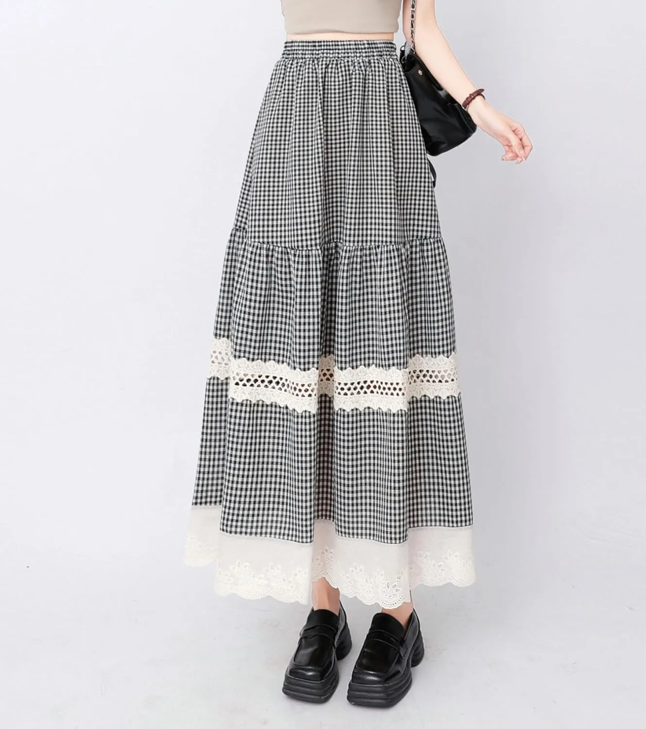 chouyatou Women's Hollow Out Eyelet Plaid Skirt Elastic Waist Ruffle Hem Gingham Swing Midi Long Skirt