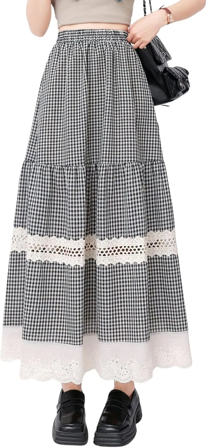 chouyatou Women's Hollow Out Eyelet Plaid Skirt Elastic Waist Ruffle Hem Gingham Swing Midi Long Skirt