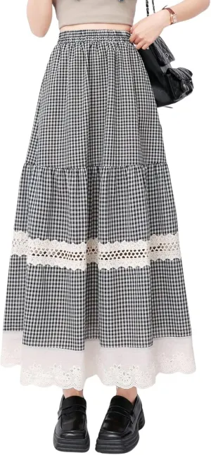 chouyatou Women's Hollow Out Eyelet Plaid Skirt Elastic Waist Ruffle Hem Gingham Swing Midi Long Skirt