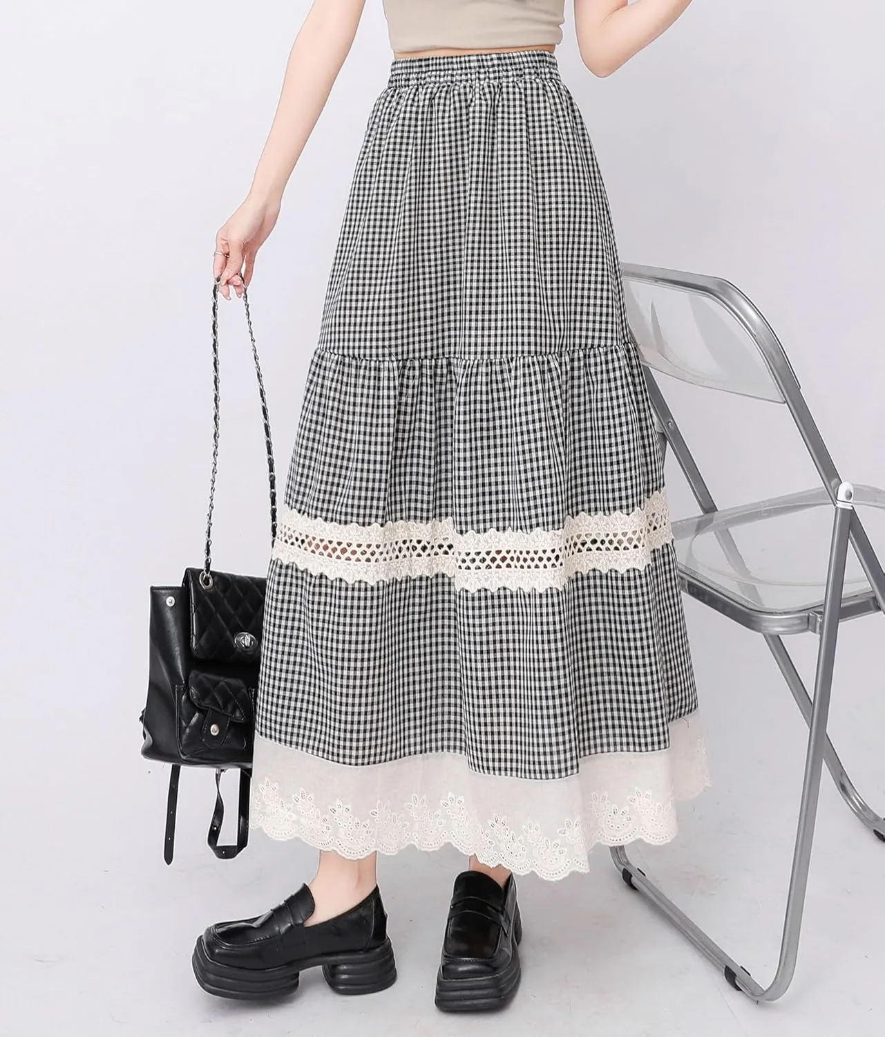 chouyatou Women's Hollow Out Eyelet Plaid Skirt Elastic Waist Ruffle Hem Gingham Swing Midi Long Skirt