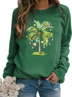 Christmas Palm Tree Sweatshirt for Women Hawaiian Beach Tropical Xmas Pullover Christmas Graphic Long Sleeve Shirt