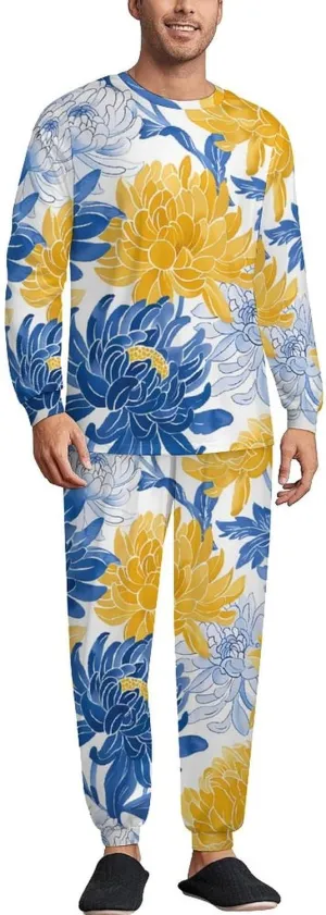 Chrysanthemum Floral Plant Men's Pajama Set Crewneck Shirts And Bottoms Soft Pjs Set Long Sleeve Sleepwear Loungewear