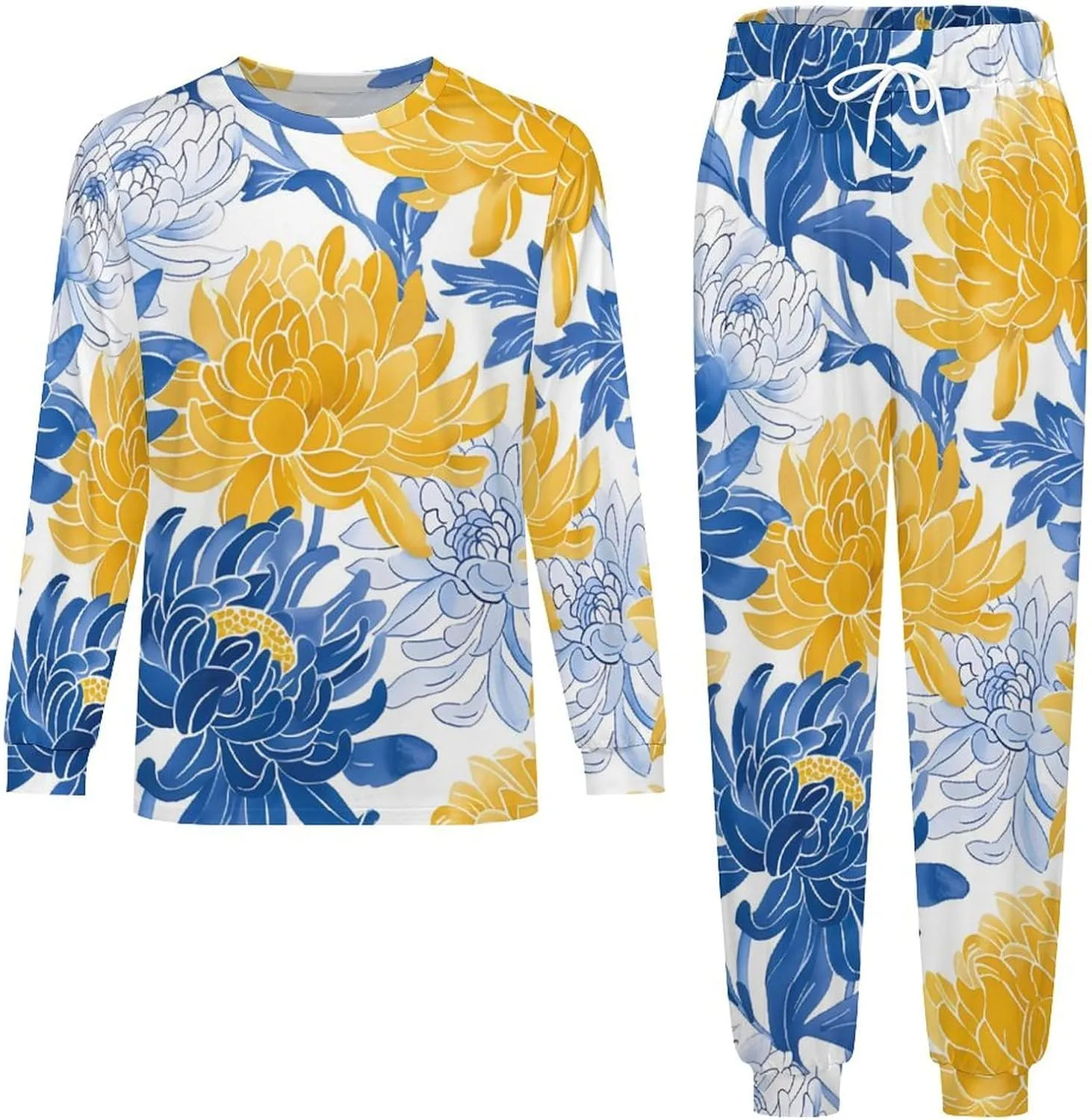 Chrysanthemum Floral Plant Men's Pajama Set Crewneck Shirts And Bottoms Soft Pjs Set Long Sleeve Sleepwear Loungewear