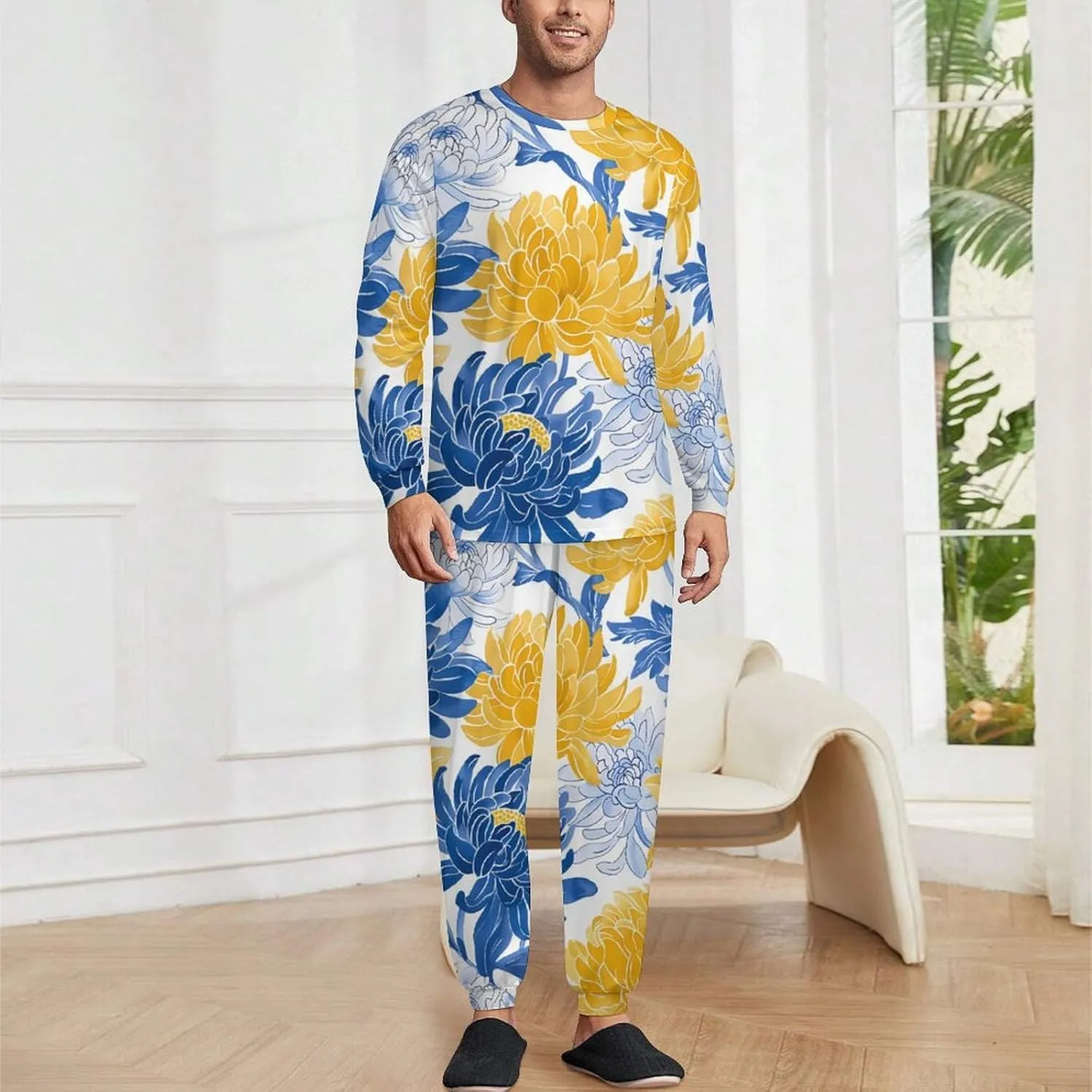 Chrysanthemum Floral Plant Men's Pajama Set Crewneck Shirts And Bottoms Soft Pjs Set Long Sleeve Sleepwear Loungewear