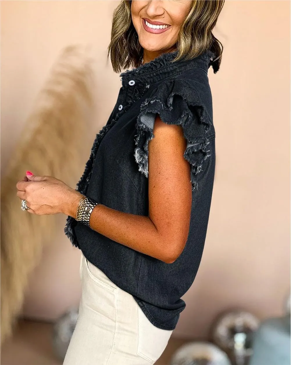 Chvity Summer Women's Button Down Denim Tops Ruffled Flutter Sleeve Blouse V Neck Casual Shirt Tops