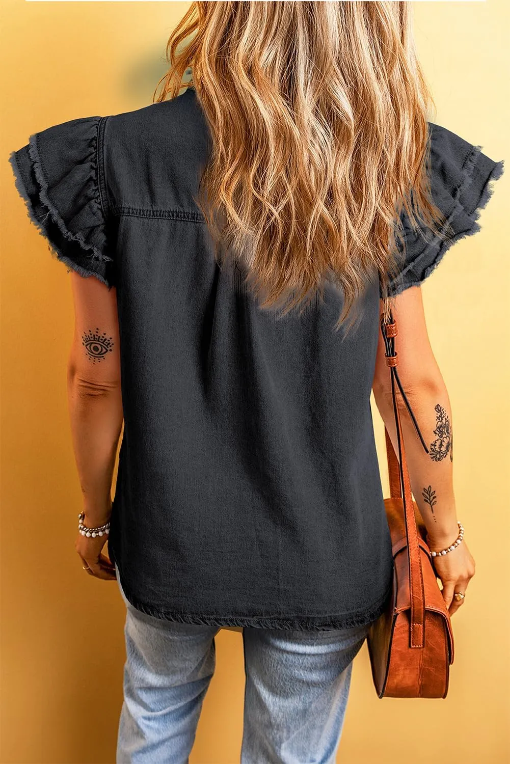 Chvity Summer Women's Button Down Denim Tops Ruffled Flutter Sleeve Blouse V Neck Casual Shirt Tops