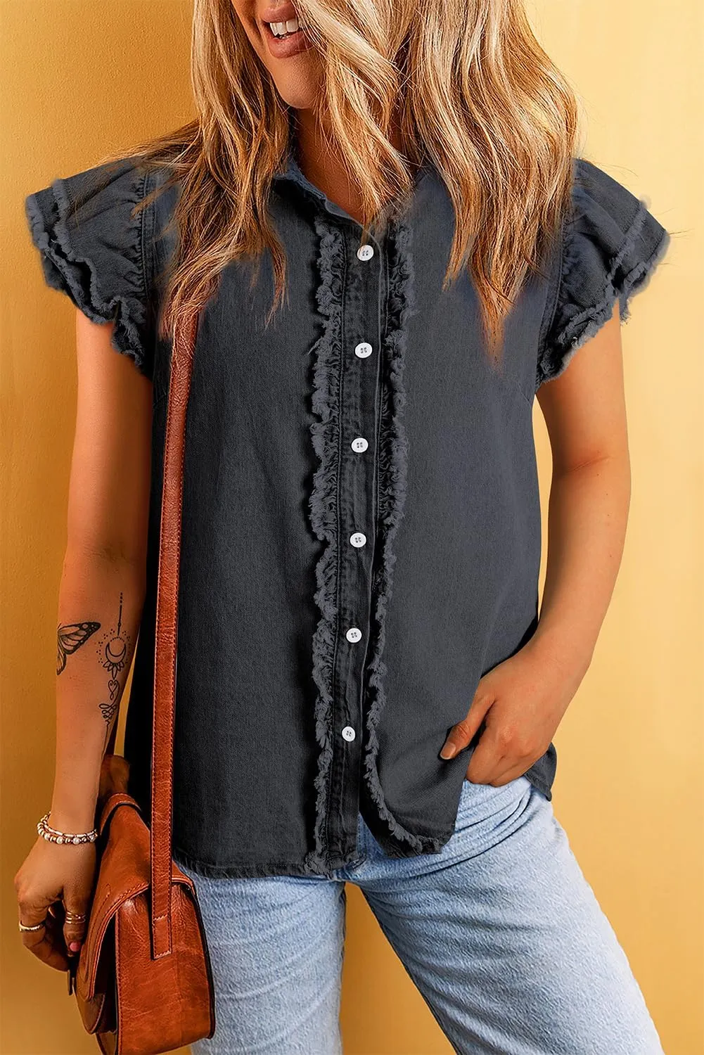 Chvity Summer Women's Button Down Denim Tops Ruffled Flutter Sleeve Blouse V Neck Casual Shirt Tops