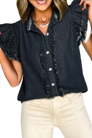 Chvity Summer Women's Button Down Denim Tops Ruffled Flutter Sleeve Blouse V Neck Casual Shirt Tops