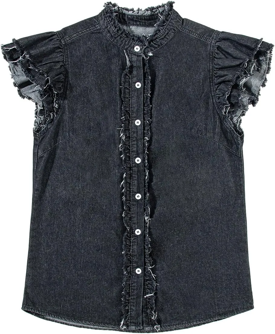 Chvity Summer Women's Button Down Denim Tops Ruffled Flutter Sleeve Blouse V Neck Casual Shirt Tops