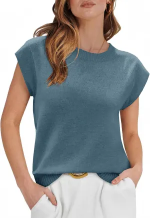 Cicy Bell Womens Cap Sleeve Sweater Vest Summer Casual Sleeveless Knit Tank Tops Loose Fit Crew Neck Shirts Pullover