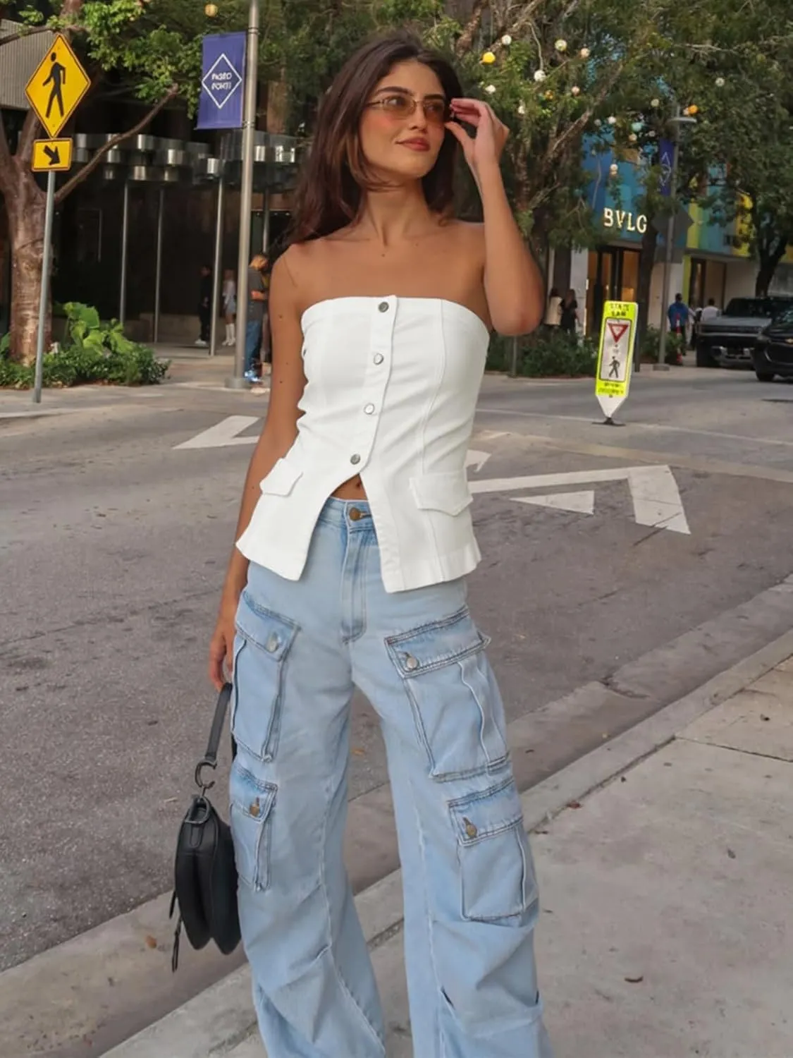Cicy Bell Womens Strapless Denim Vest Summer Button Down Jean Tube Tops Y2k Going Out Fitted Bandeau Shirts Waistcoat