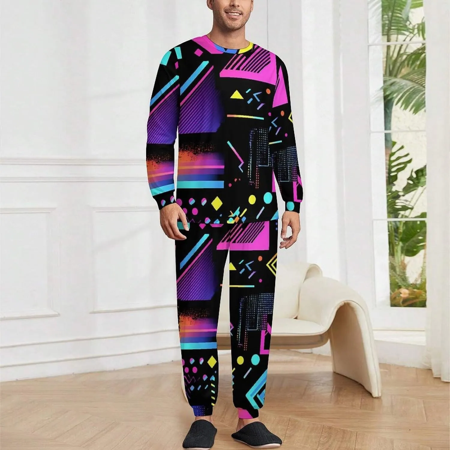 Colorful Geometric 90s Pattern Soft Mens Pajamas Set Round Neck Pullover Long Sleeve And Pants Loungewear 2 Piece Pjs Set