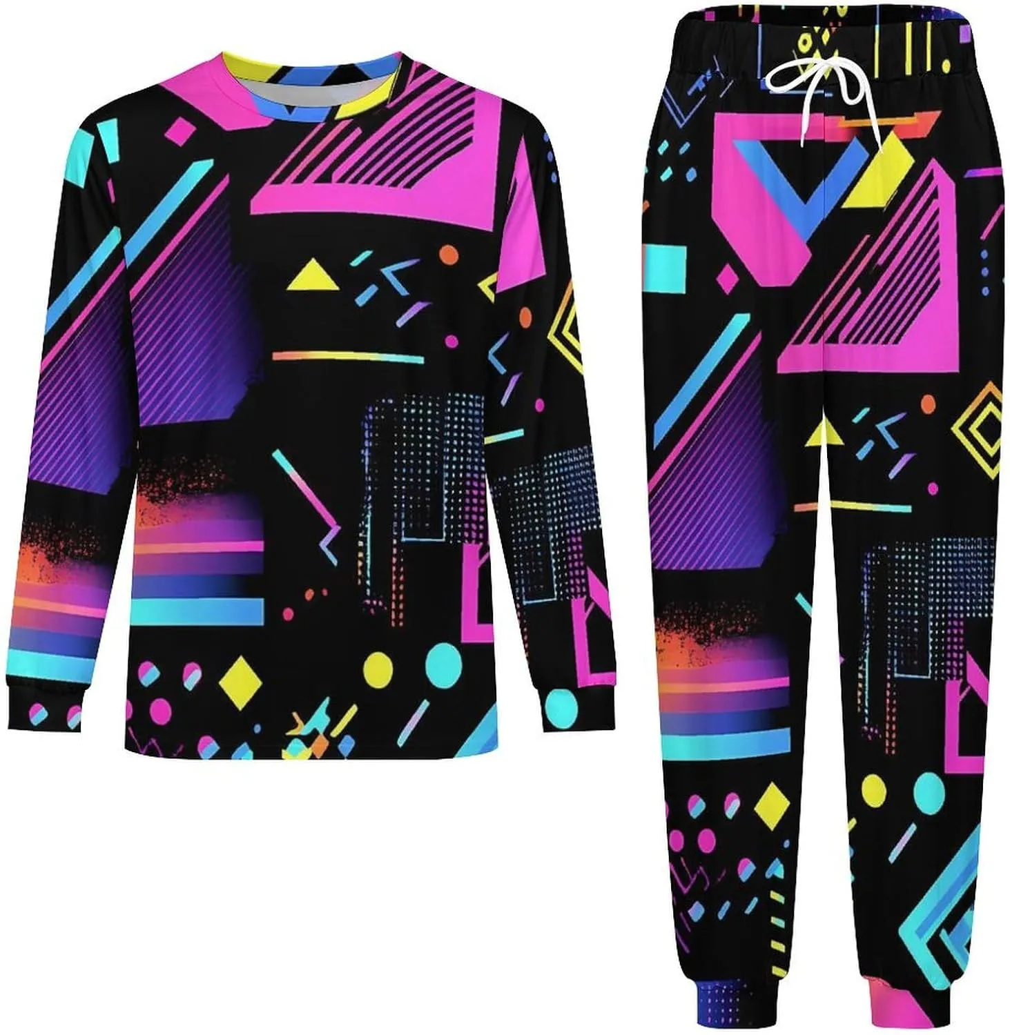 Colorful Geometric 90s Pattern Soft Mens Pajamas Set Round Neck Pullover Long Sleeve And Pants Loungewear 2 Piece Pjs Set
