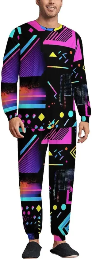 Colorful Geometric 90s Pattern Soft Mens Pajamas Set Round Neck Pullover Long Sleeve And Pants Loungewear 2 Piece Pjs Set