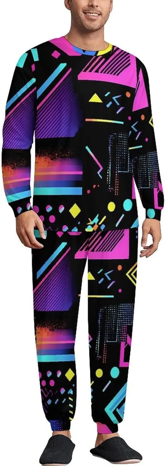 Colorful Geometric 90s Pattern Soft Mens Pajamas Set Round Neck Pullover Long Sleeve And Pants Loungewear 2 Piece Pjs Set