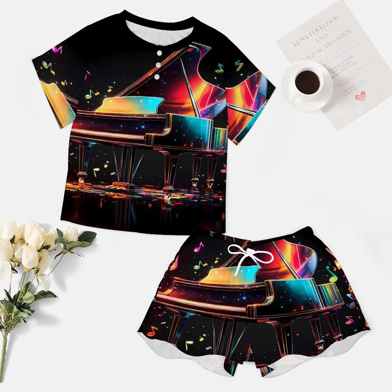 Colorful Piano Keyboard Music Note Pajamas for Women Set Short Sleeve Top And Shorts Lounge Sleepwear Loungewear 2Pcs Pj Sets