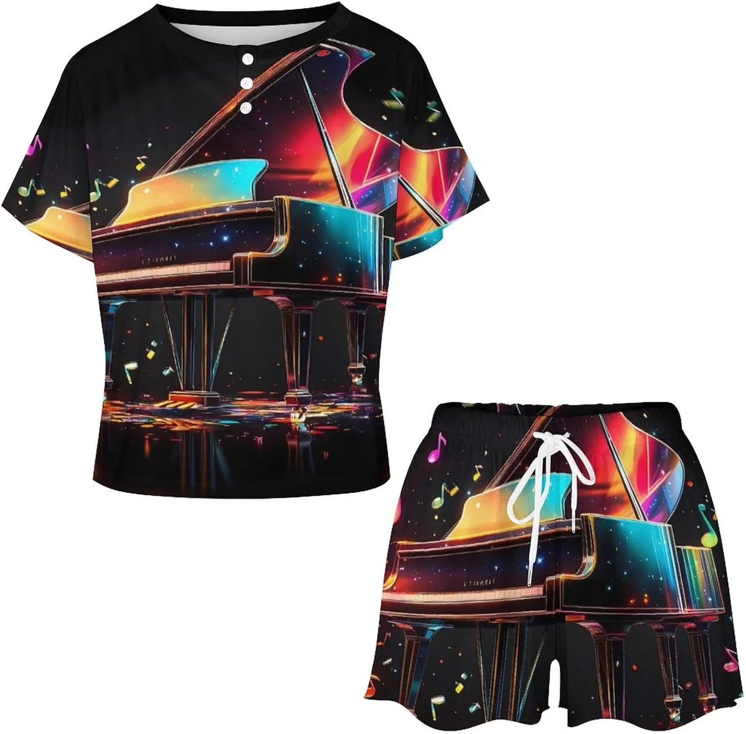 Colorful Piano Keyboard Music Note Pajamas for Women Set Short Sleeve Top And Shorts Lounge Sleepwear Loungewear 2Pcs Pj Sets