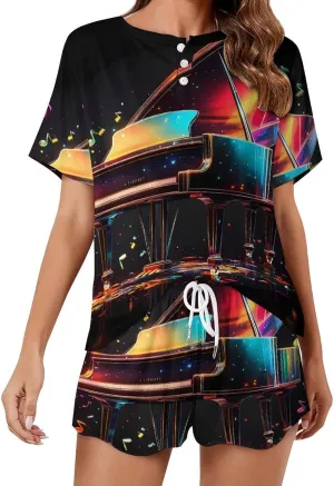 Colorful Piano Keyboard Music Note Pajamas for Women Set Short Sleeve Top And Shorts Lounge Sleepwear Loungewear 2Pcs Pj Sets