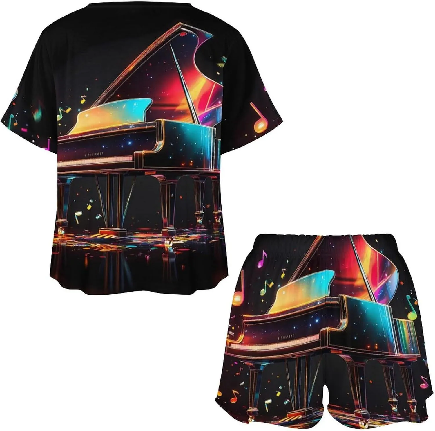 Colorful Piano Keyboard Music Note Pajamas for Women Set Short Sleeve Top And Shorts Lounge Sleepwear Loungewear 2Pcs Pj Sets