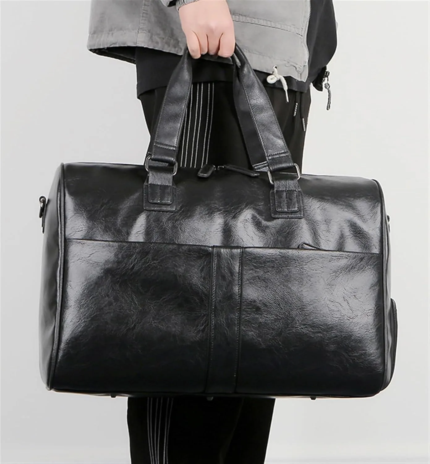 Convertible Suit Travel Bag 18inch PU Travel Duffle Bag For Weekend Trip Cabin Luggage Gym Sports Duffle For Men hanging garment duffel bag, 48*25*34cm, Black