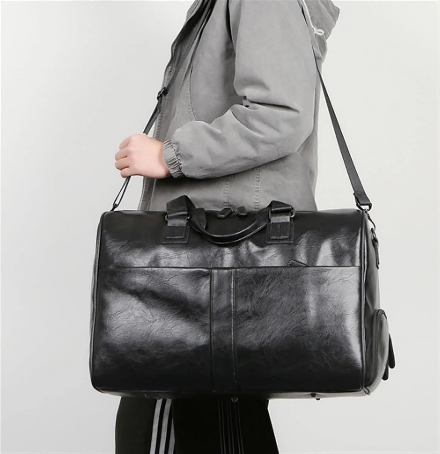 Convertible Suit Travel Bag 18inch PU Travel Duffle Bag For Weekend Trip Cabin Luggage Gym Sports Duffle For Men hanging garment duffel bag, 48*25*34cm, Black
