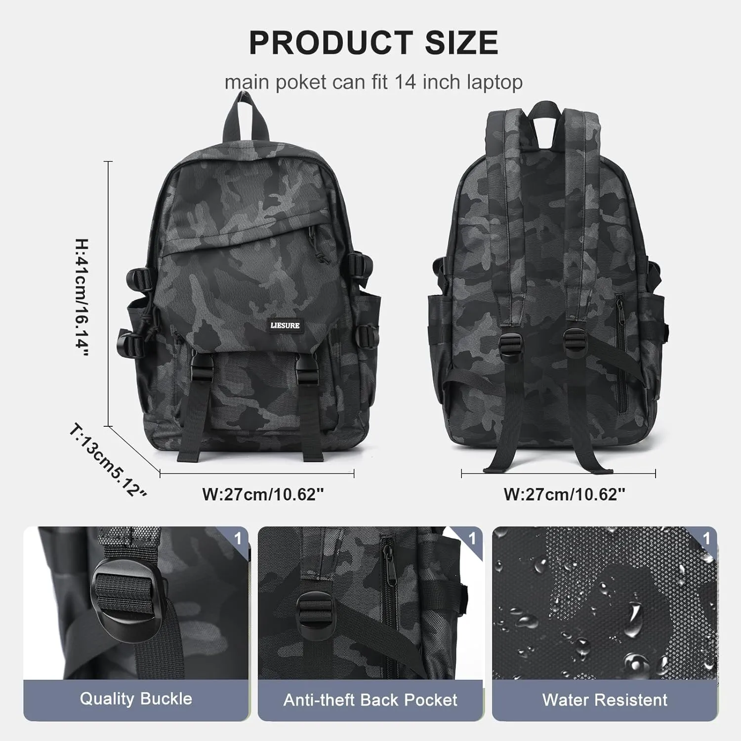 coowoz College Backpack Waterproof Black College Bags For Women Lightweight Travel Rucksack Casual Daypack Laptop Backpacks For Men Women(Camouflage Black)