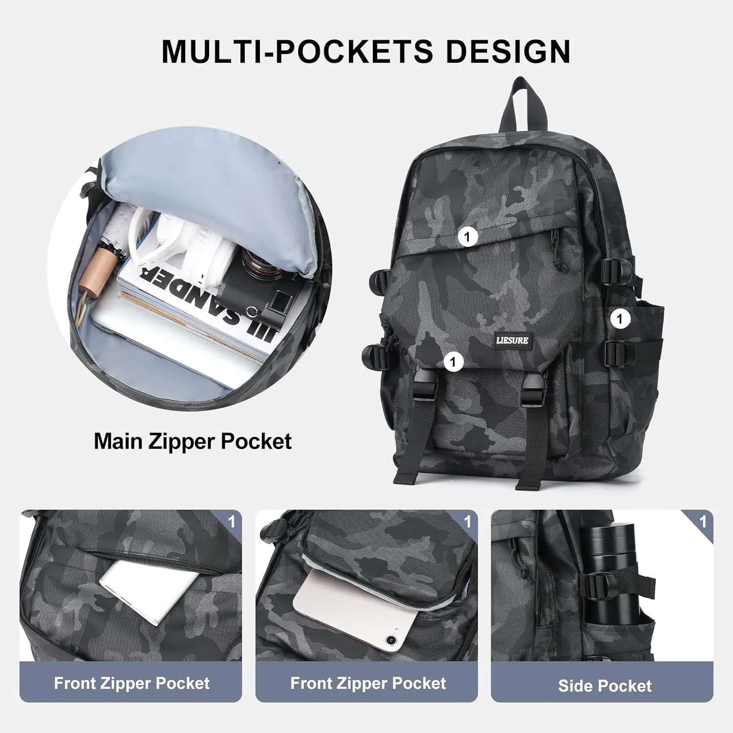 coowoz College Backpack Waterproof Black College Bags For Women Lightweight Travel Rucksack Casual Daypack Laptop Backpacks For Men Women(Camouflage Black)