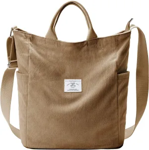 Corduroy Tote Bag, Large Messenger Bag Shoulder Hobo Anti Splash Crossbody Zipper Bag Casual Work Shopping Women Beige (khaki)