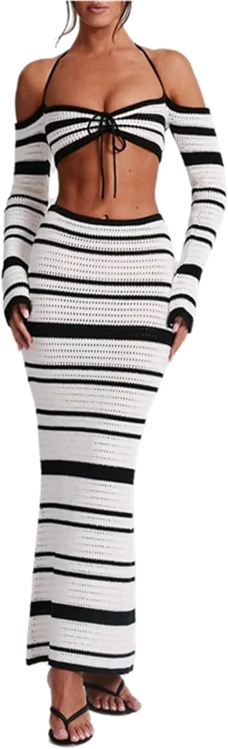 Crochet Knit 2 Piece Skirt Set for Women Knit Top Striped Bodycon Long Skirt Beach Cover Up Streetwear