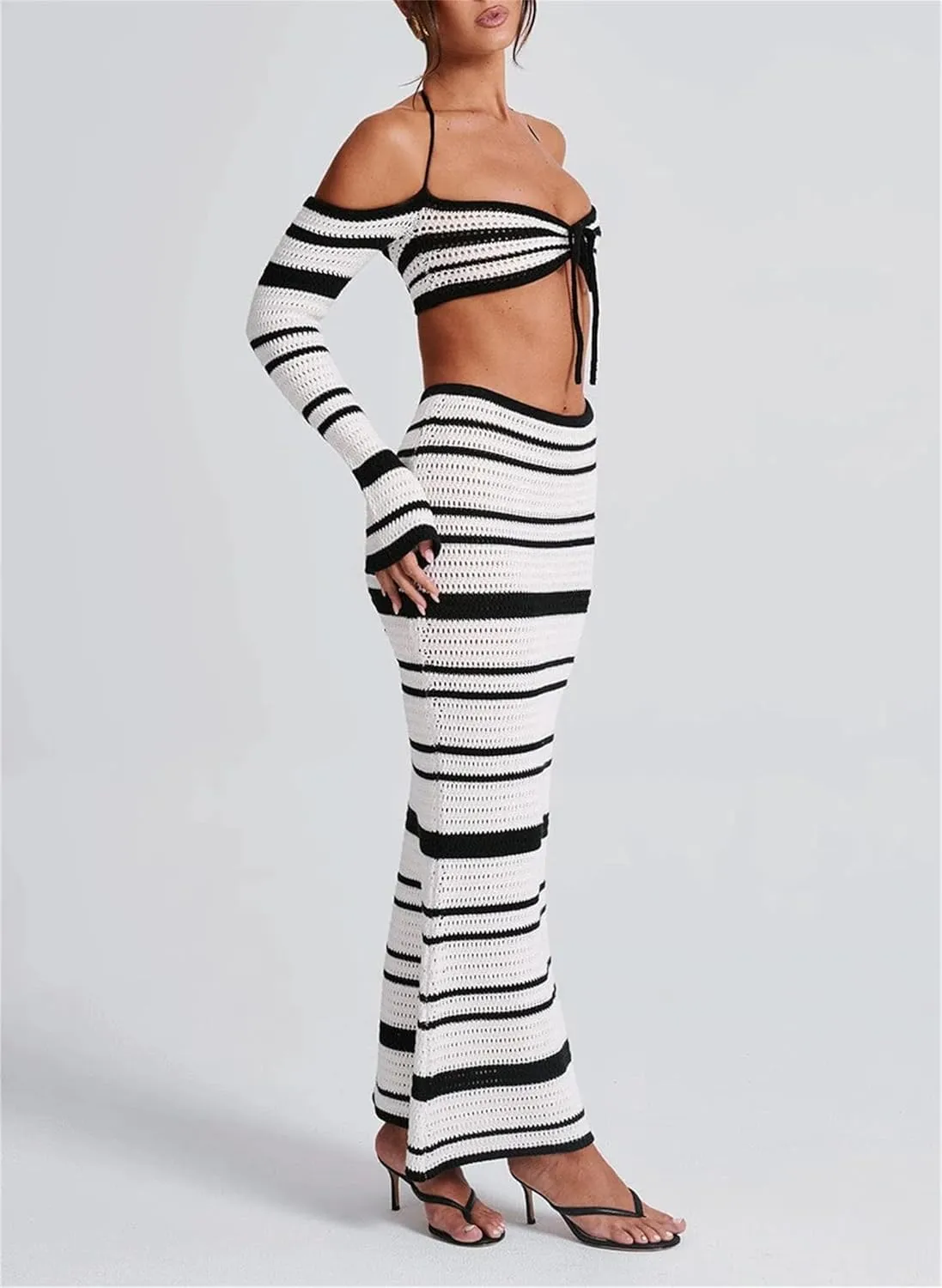 Crochet Knit 2 Piece Skirt Set for Women Knit Top Striped Bodycon Long Skirt Beach Cover Up Streetwear