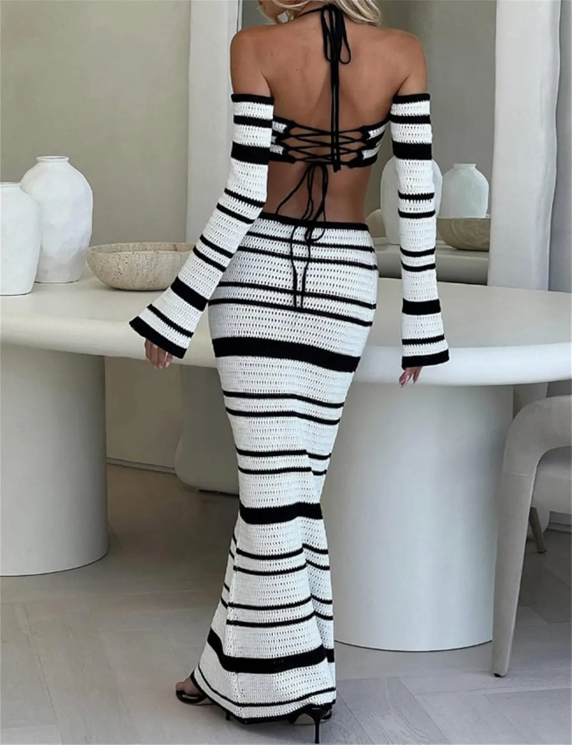 Crochet Knit 2 Piece Skirt Set for Women Knit Top Striped Bodycon Long Skirt Beach Cover Up Streetwear