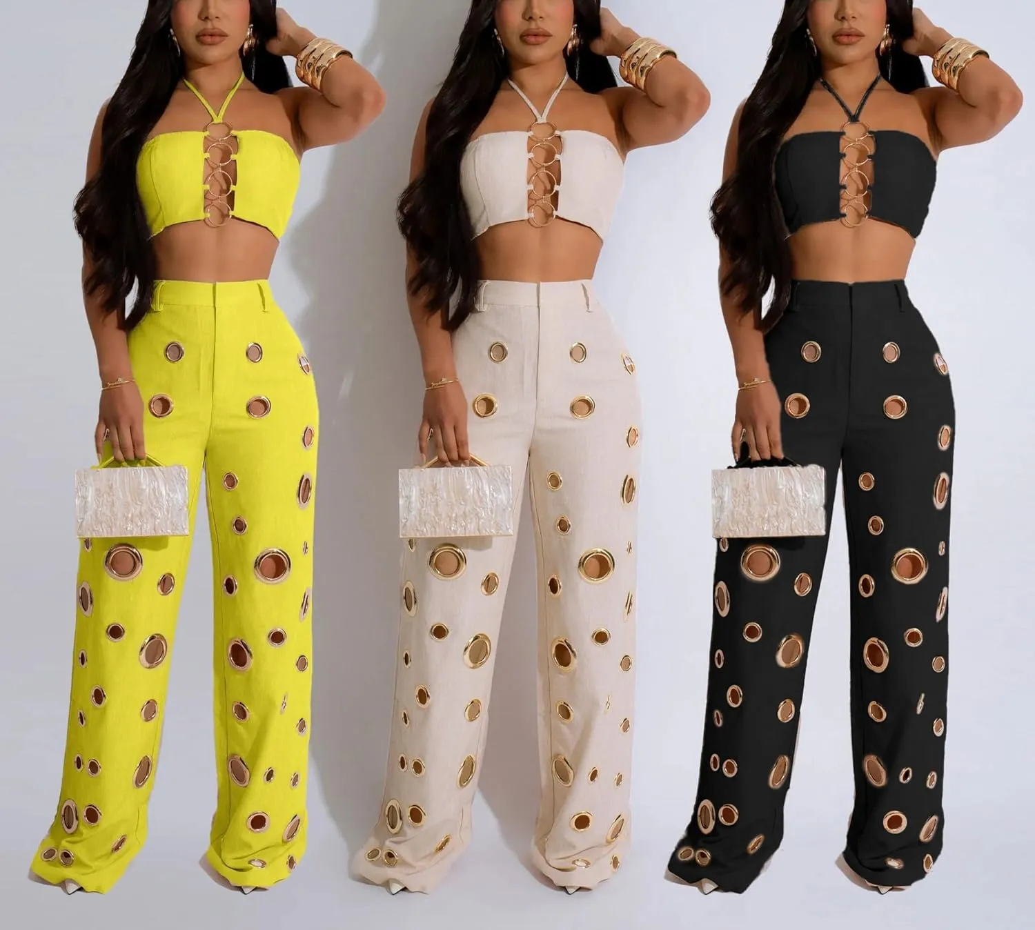 cu4eve Sexy 2 Piece Outfits for Women Summer Cutout Halter Tank Tops and High Waisted Wide Leg Pant Sets Party Club Night