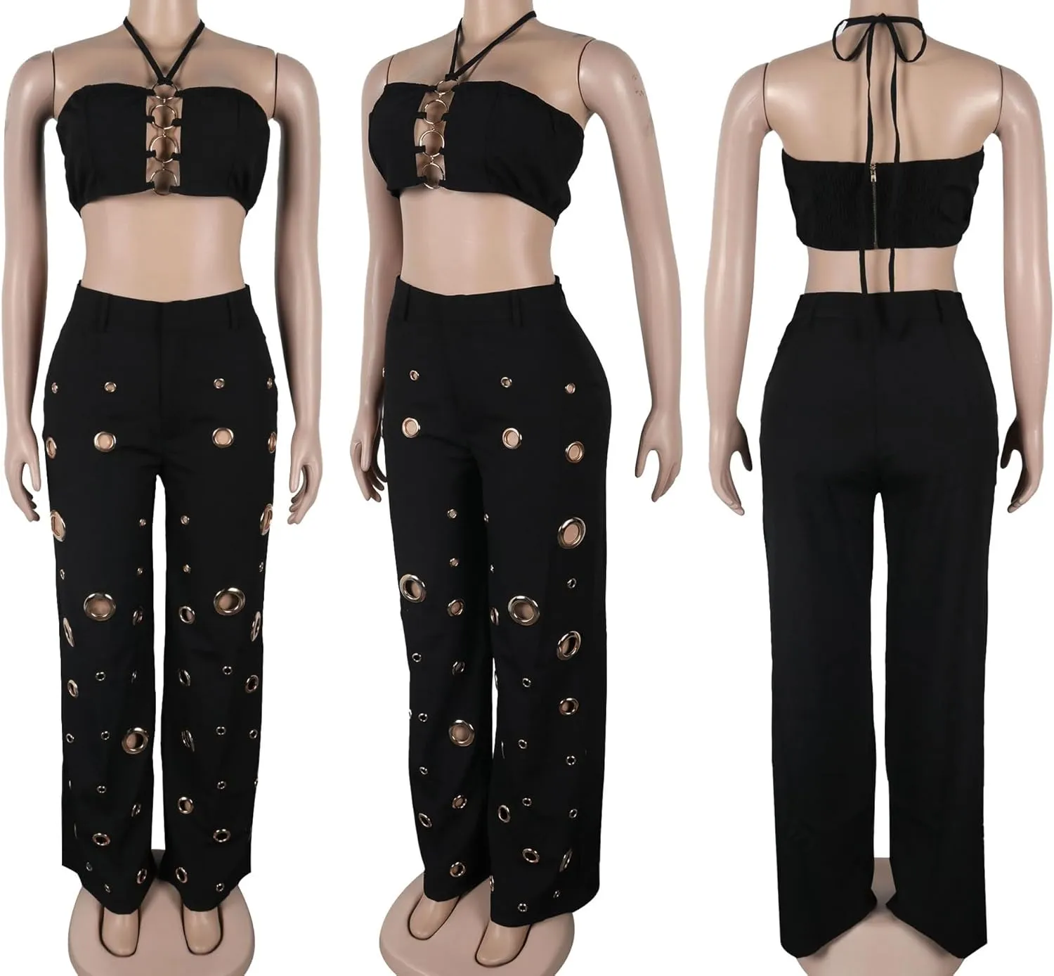 cu4eve Sexy 2 Piece Outfits for Women Summer Cutout Halter Tank Tops and High Waisted Wide Leg Pant Sets Party Club Night