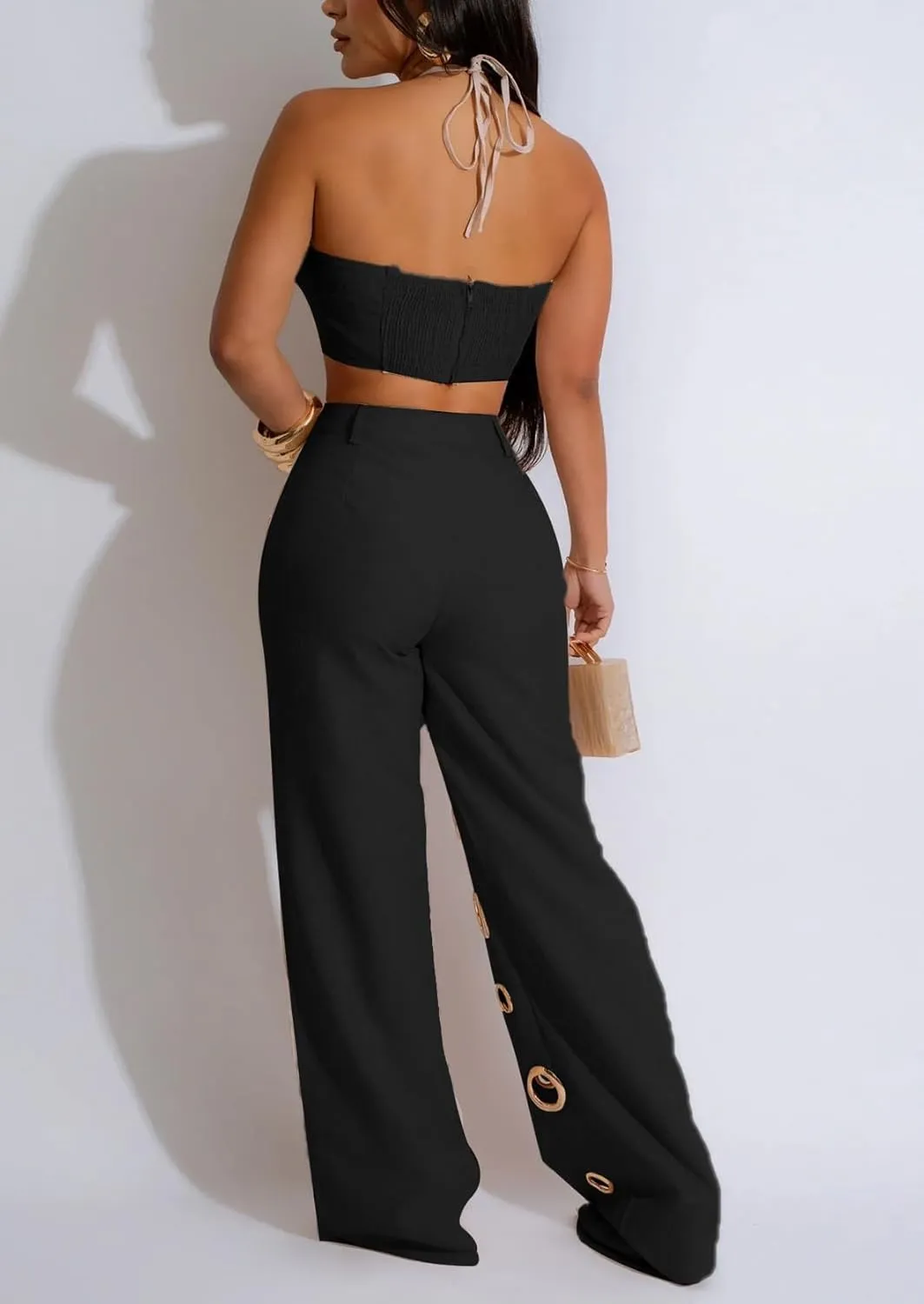 cu4eve Sexy 2 Piece Outfits for Women Summer Cutout Halter Tank Tops and High Waisted Wide Leg Pant Sets Party Club Night