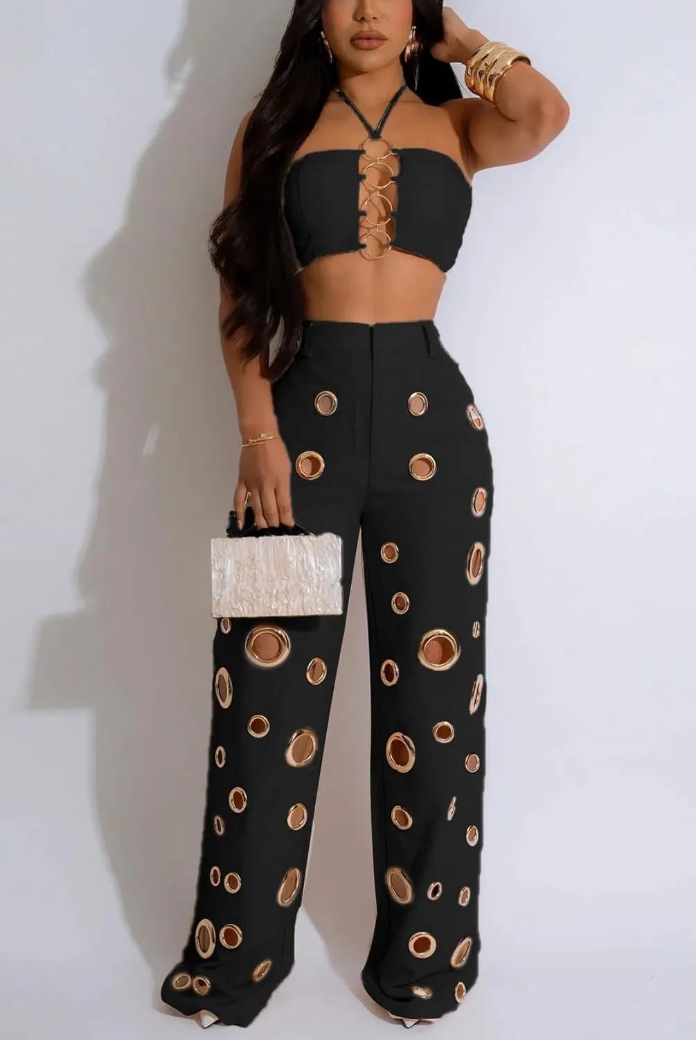 cu4eve Sexy 2 Piece Outfits for Women Summer Cutout Halter Tank Tops and High Waisted Wide Leg Pant Sets Party Club Night