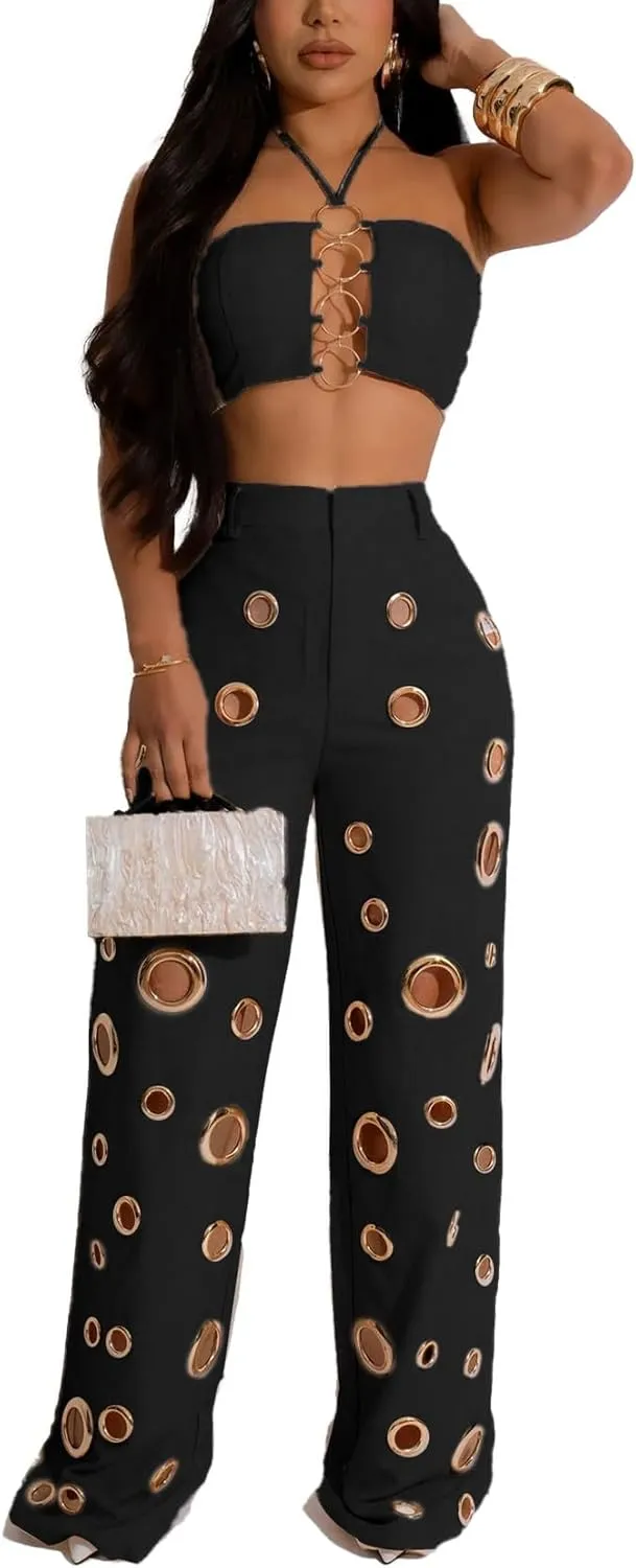 cu4eve Sexy 2 Piece Outfits for Women Summer Cutout Halter Tank Tops and High Waisted Wide Leg Pant Sets Party Club Night