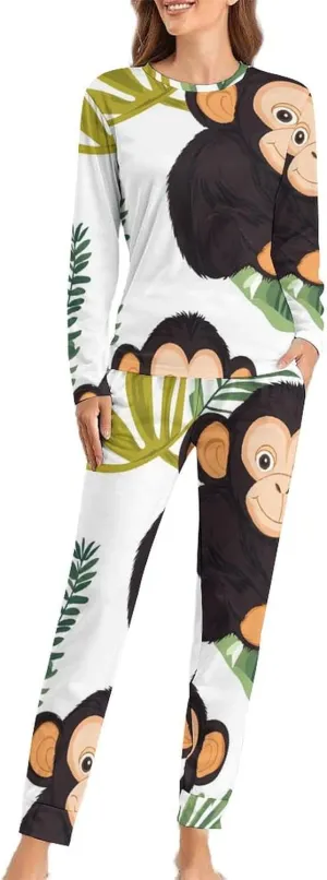 Cute Chimpanzee Monkey Pajama Sets for Women 2 Piece Long Sleeve Top And Pants Soft Sleepwear Loungewear Set