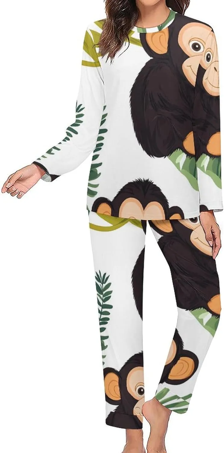 Cute Chimpanzee Monkey Pajama Sets for Women 2 Piece Long Sleeve Top And Pants Soft Sleepwear Loungewear Set