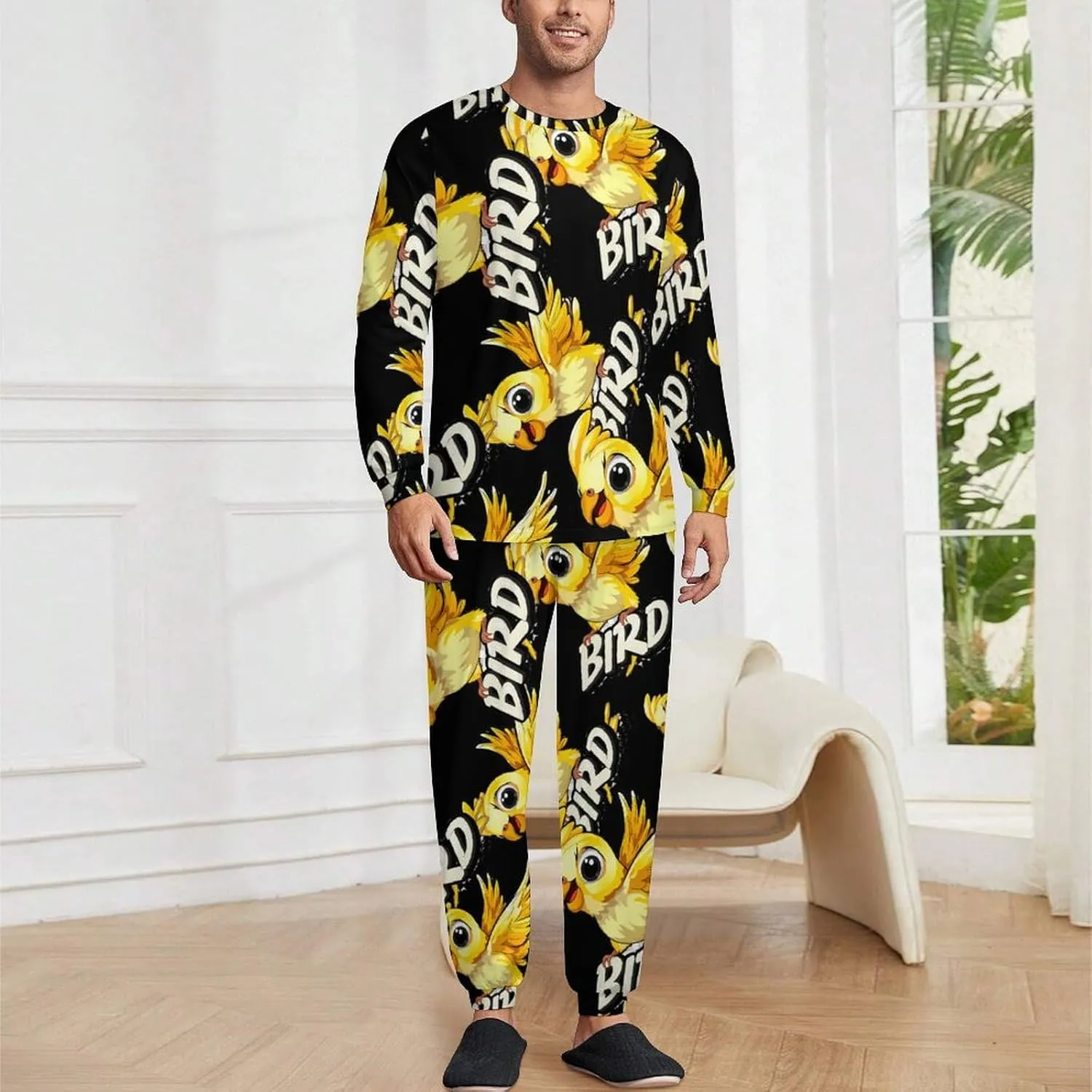 Cute Parrot Bird Men's Pajama Set Casual Sleepwear Pjs Set Crewneck Shirts And Bottoms Comfy Loungewear