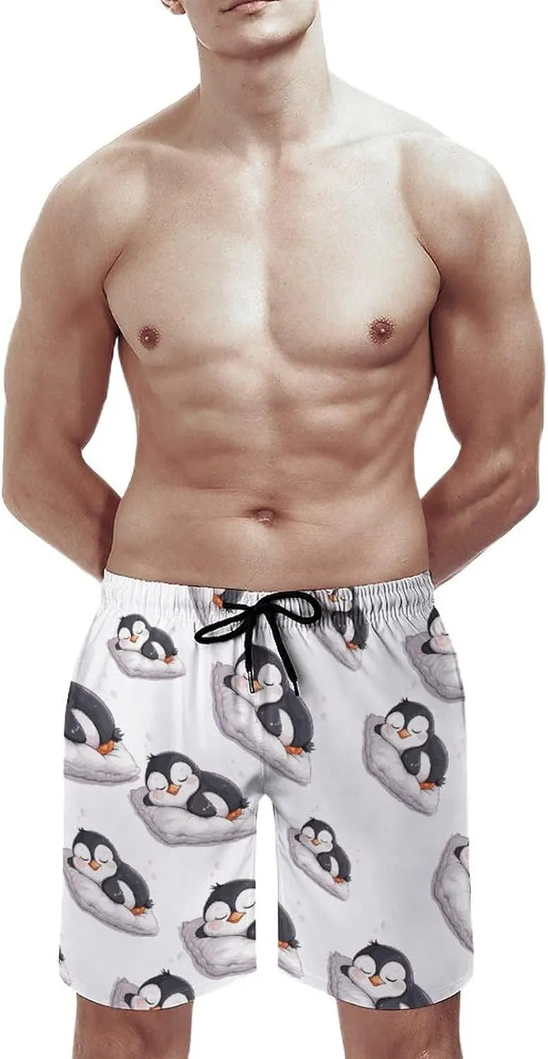 Cute Penguin Sleeping Men's Swim Trunks Quick Dry Board Shorts Breathable Summer Beach Shorts Bathing Suits
