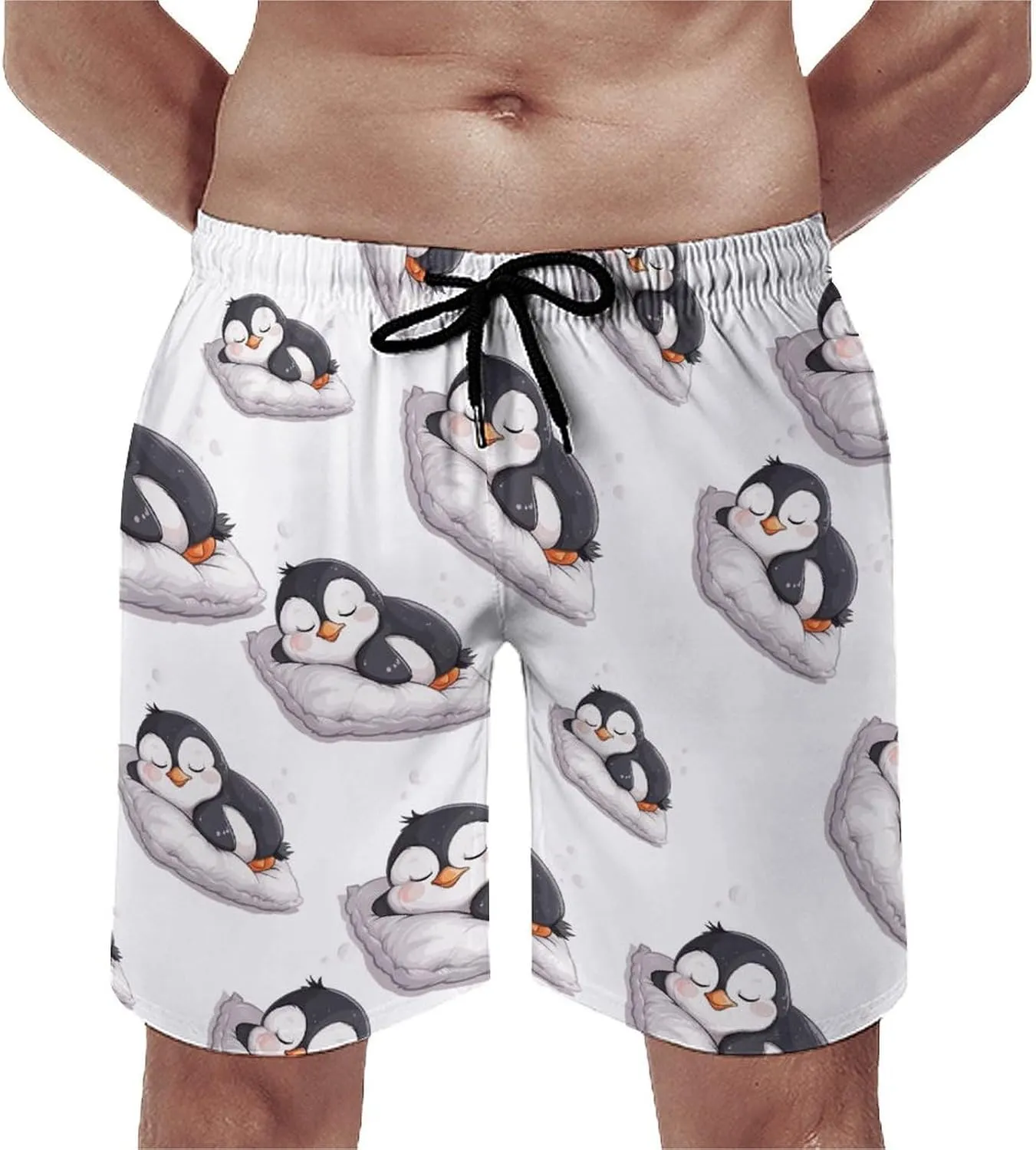 Cute Penguin Sleeping Men's Swim Trunks Quick Dry Board Shorts Breathable Summer Beach Shorts Bathing Suits