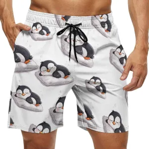 Cute Penguin Sleeping Men's Swim Trunks Quick Dry Board Shorts Breathable Summer Beach Shorts Bathing Suits