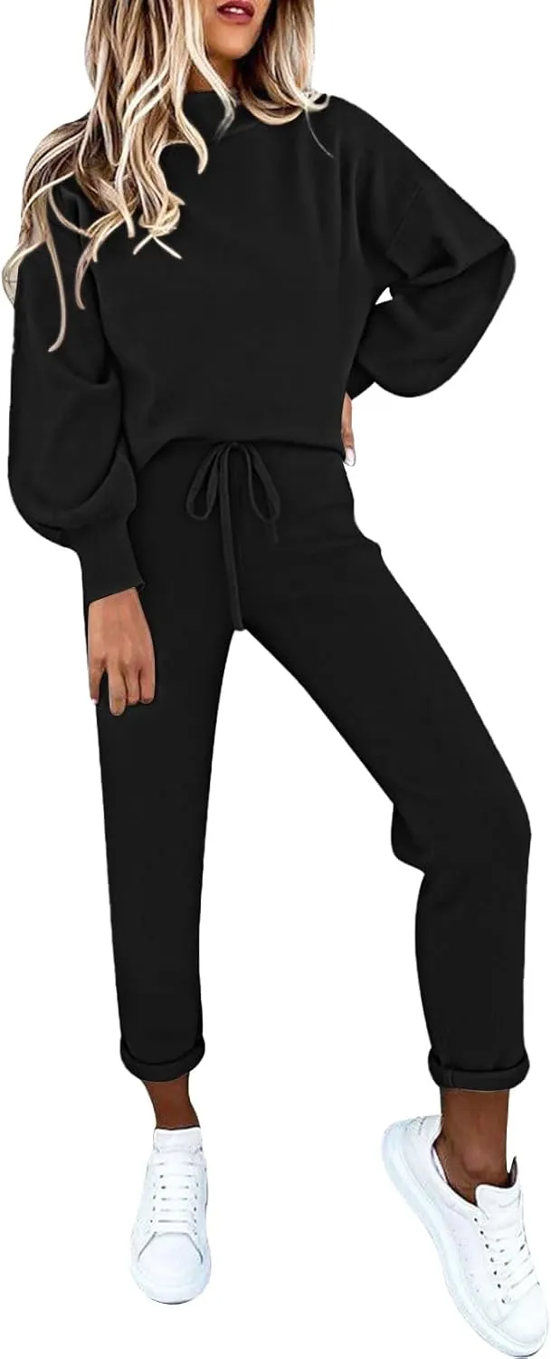 Cutiefox Women's 2 Piece Sweatsuit Outfits Lantern Sleeve Pullover Tops and High Waist Jogger Pants Lounge Sets