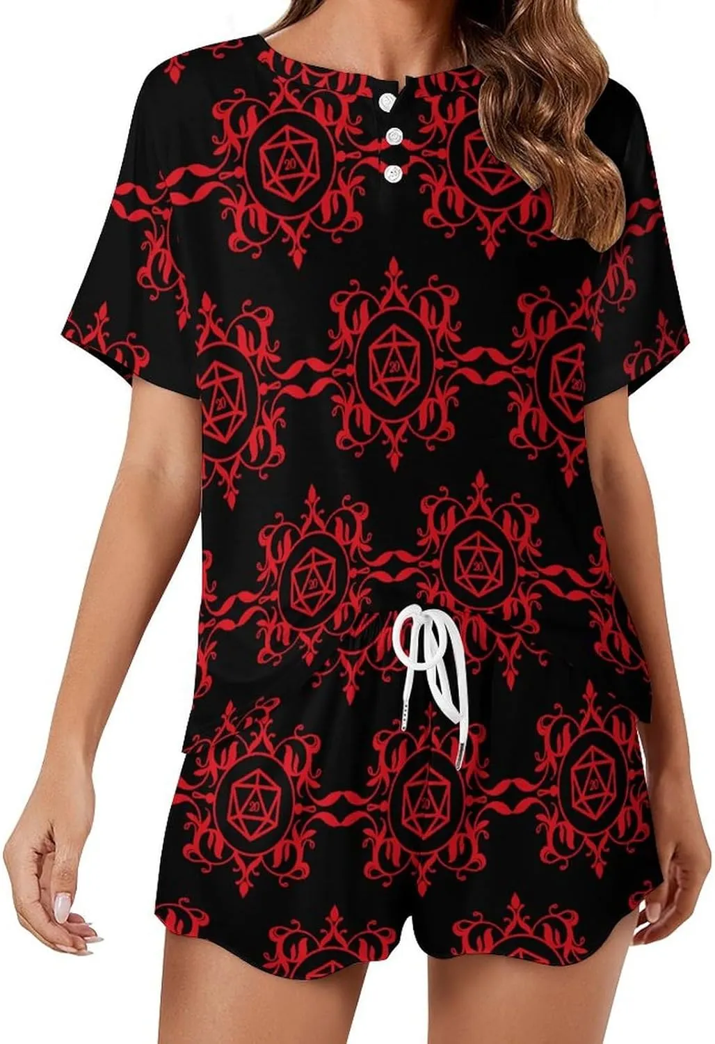 D20 Dice Pajamas Set Womens Short Sleeve Loungewear Sleepwear 2 Piece Pjs